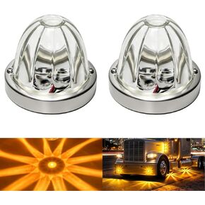 2Pcs Clear Glass Lens Watermelon Lights, 12V Amber LED Side Marker Turn Signal Lights with Stainless Steel Bezel, 2 Lighting Modes (Steady + Flashing) for Kenworth Peterbilt Freightliner Semi Trucks in Saudi Arabia