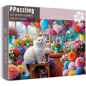 Flower Cat Puzzles for Adults 1000 Pieces, Colorful Floral Plant Jigsaw Puzzles, Challenging Animal Cute Kitten Puzzle as Home Wall Art in Kuwait