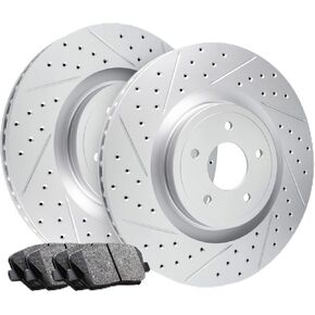 R1 Concepts Front Drilled Slotted Brake Rotors| Sensor Included| Ceramic Brake Pads and Rotors Kit| Fits 2017-2021 Audi A4, 2018-2021 Audi A5, 2018-2020 Audi Q5, 2019-2021 Audi A6 in Kuwait