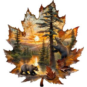 Wooden Puzzles for Adults, Brown Bear Autumn Maple Leaf Wooden Jigsaw Puzzle, Unique Animal Shaped Wood Puzzles Adult,Creative Gifts for Friends/Family/Puzzle Lovers,Home Decor(M-11.4 * 10.6in 155pcs) in Saudi Arabia