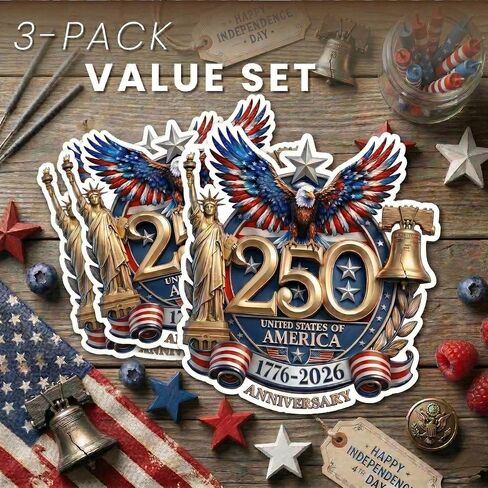3Pcs 5 Inch Premium 250 Anniversary USA Merchandise Decal Sticker, USA Flag Patriotic 4th of July 1776–2026 Vinyl for Car, Truck, Window, Laptop, 250 Years American Independence Bumper Stickers Gifts in Saudi Arabia