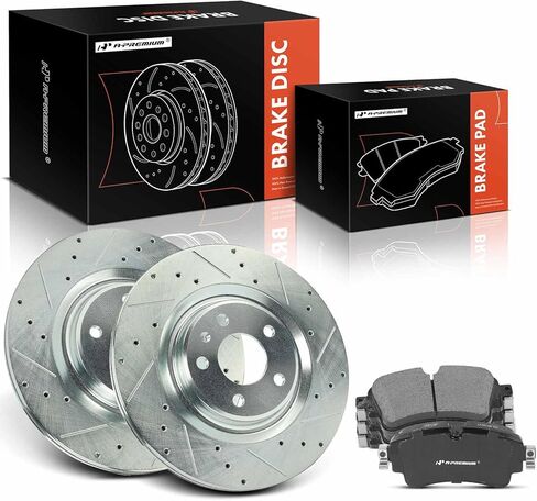 A-Premium 12.99 in (330 mm) Rear Drilled and Slotted Disc Brake Rotors + Ceramic Pads Kit Compatible with Select Audi Models - A4, A4 allroad, A4 Quattro, Q5, A5 Quattro, A6 allroad, S4, S5, 6-PC Set in Kuwait