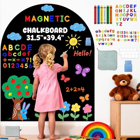 Magnetic Chalkboard for Kids Black Magnet Wall Decal Self Adhesive Blackboard Contact Paper Peel and Stick Magnetic Drawing Chalk Board with 79 Magnet Letter for Playroom Nursery Classroom 31.5"x39.4" in Saudi Arabia
