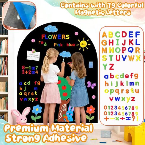 Magnetic Chalkboard for Kids Black Magnet Wall Decal Self Adhesive Blackboard Contact Paper Peel and Stick Magnetic Drawing Chalk Board with 79 Magnet Letter for Playroom Nursery Classroom 31.5"x39.4" in Saudi Arabia