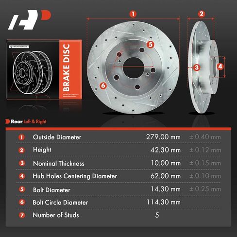 دوارات فرامل قرصية مشقوقة ومثقوبة خلفية مقاس 10.98 بوصة (279.00 مم) متوافقة مع موديلات Scion - tC 2011 2012 2013 2014 2015 2016، مجموعة قطعتين in Kuwait