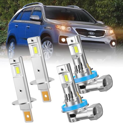 LED Headlight Bulbs for Kia Sorento 2011 2012 2013, H1 High Beam and H11 Low Beam, 60W 5000K White, 400% Brighter with Cooling Fan, 4-Pack in Kuwait