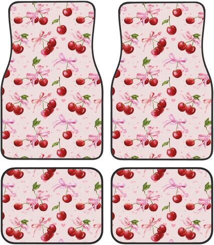 4 Pcs Waterproof Car Floor Mats - Watercolor Cherries Pink Bows Ribbons Anti-Slip Car Mats Full Set Universal Fit Car Carpet Car Accessories Interior for Car, Truck, SUV in Saudi Arabia