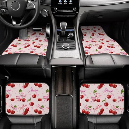 4 Pcs Waterproof Car Floor Mats - Watercolor Cherries Pink Bows Ribbons Anti-Slip Car Mats Full Set Universal Fit Car Carpet Car Accessories Interior for Car, Truck, SUV in Saudi Arabia