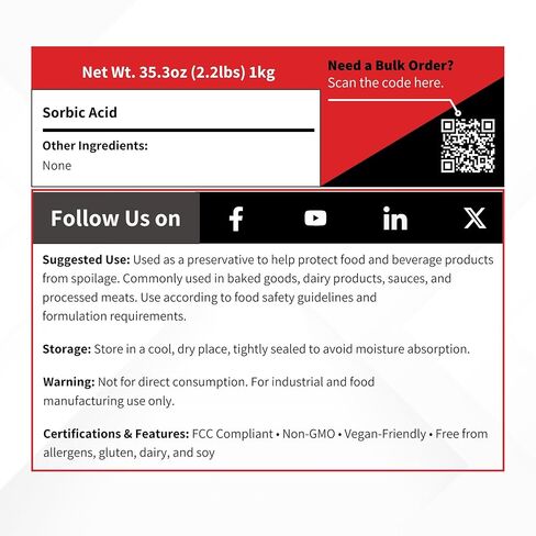Sorbic Acid - 1 kg (2.2 lb) - FCC Food Grade Preservative and Additive for Beverage Making & Baking - 2, 4- Hexadienioc Acid in Saudi Arabia
