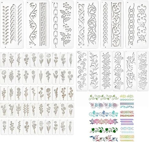 62PCS (11.81x2.9in, 5.9x2.9in, 4x4 in, 8.9x2in) Floral Stencils Lace Border Templates, Flower Stencil for Painting, Reusable Flower Leaf Stencils DIY Craft Drawing Templates Set for Wall Paper Canvas in Saudi Arabia