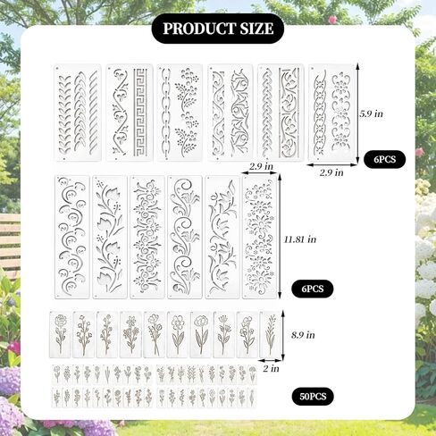 62PCS (11.81x2.9in, 5.9x2.9in, 4x4 in, 8.9x2in) Floral Stencils Lace Border Templates, Flower Stencil for Painting, Reusable Flower Leaf Stencils DIY Craft Drawing Templates Set for Wall Paper Canvas in Saudi Arabia