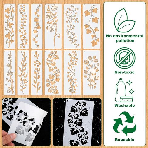 12pcs Leaf Vine Stencils, Leaves & Flower Stencil Reusable Floral Templates for Painting on Wood Drawing Canvas DIY Craft Home Decor Wall Art in Kuwait