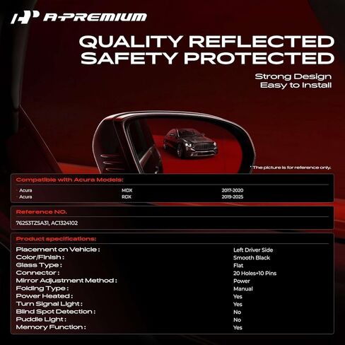 A-Premium Driver Side Power Door Mirror - Compatible with Acura MDX 2017-2020, RDX 2019-2025 - Heated Manual Folding Black Outside Rear View Mirror w/Turn Signal Light in Kuwait