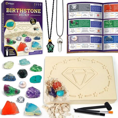 PIBEX Birthstone Dig Kit, Excavate 12 Real Gems & Crystals, DIY Gemstone Necklace & Bonus Pendant, STEM Educational Gemology Toy, Rock Geology Gifts for Boys & Girls 6-12 in Saudi Arabia