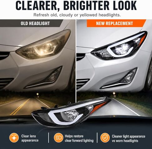 مجموعة المصابيح الأمامية الهالوجين ChaiBayn مع لمبات لسيارة Hyundai Elantra SE/Value Edition 2014-2016، نماذج مبنية في الولايات المتحدة بدون DRL، زوج جانب السائق والركاب، استبدل 92101-3Y500 92102-3Y500 in Kuwait