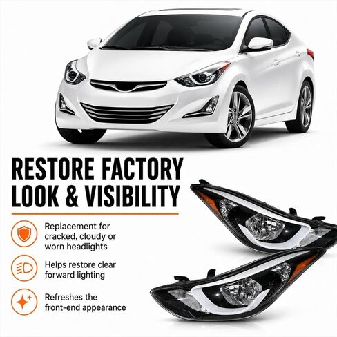 مجموعة المصابيح الأمامية الهالوجين ChaiBayn مع لمبات لسيارة Hyundai Elantra SE/Value Edition 2014-2016، نماذج مبنية في الولايات المتحدة بدون DRL، زوج جانب السائق والركاب، استبدل 92101-3Y500 92102-3Y500 in Kuwait