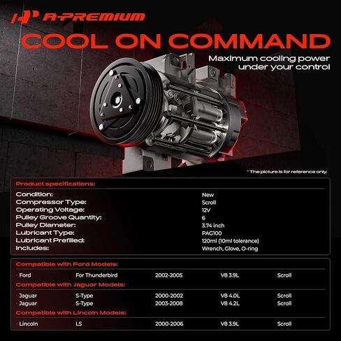 A-Premium Air Conditioner AC Compressor with Clutch Compatible with Ford Thunderbird 2002-2005, Jaguar S-Type 2000-2008, Lincoln LS 2000-2006 in Kuwait