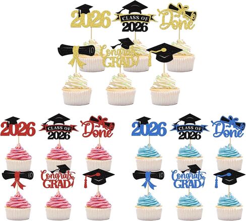 36 pcs 2026 Graduation Cake Toppers, Glitter Cupcakes Grad Cap Diploma Congrats Grad for Class of 2026 Graduation Party Decorations (Black&Gold, Black&Red, Black&Blue) in Kuwait