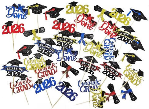 36 pcs 2026 Graduation Cake Toppers, Glitter Cupcakes Grad Cap Diploma Congrats Grad for Class of 2026 Graduation Party Decorations (Black&Gold, Black&Red, Black&Blue) in Kuwait