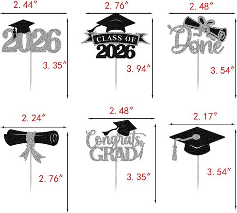36 pcs 2026 Graduation Cake Toppers, Glitter Cupcakes Grad Cap Diploma Congrats Grad for Class of 2026 Graduation Party Decorations (Black&Gold, Black&Red, Black&Blue) in Kuwait