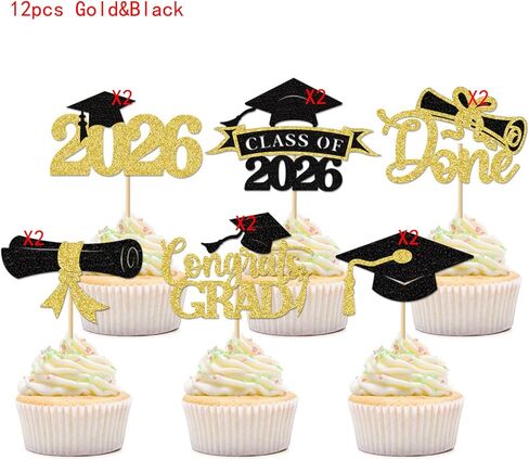 36 pcs 2026 Graduation Cake Toppers, Glitter Cupcakes Grad Cap Diploma Congrats Grad for Class of 2026 Graduation Party Decorations (Black&Gold, Black&Red, Black&Blue) in Kuwait