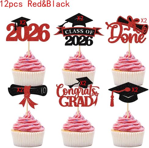 36 pcs 2026 Graduation Cake Toppers, Glitter Cupcakes Grad Cap Diploma Congrats Grad for Class of 2026 Graduation Party Decorations (Black&Gold, Black&Red, Black&Blue) in Kuwait