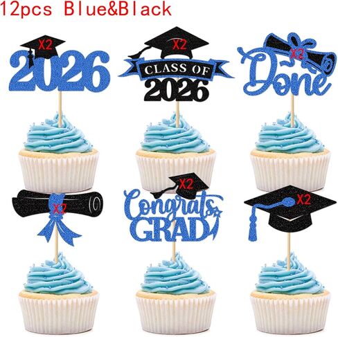 36 pcs 2026 Graduation Cake Toppers, Glitter Cupcakes Grad Cap Diploma Congrats Grad for Class of 2026 Graduation Party Decorations (Black&Gold, Black&Red, Black&Blue) in Kuwait