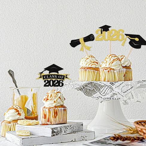 36 pcs 2026 Graduation Cake Toppers, Glitter Cupcakes Grad Cap Diploma Congrats Grad for Class of 2026 Graduation Party Decorations (Black&Gold, Black&Red, Black&Blue) in Kuwait