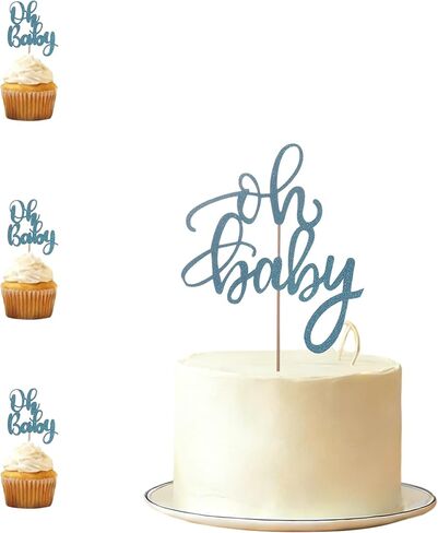 Blue Oh Boy Cake Topper - Glitter Boy Baby Shower Gender Reveal Cake Decorations with Onesie Cupcake Picks in Saudi Arabia