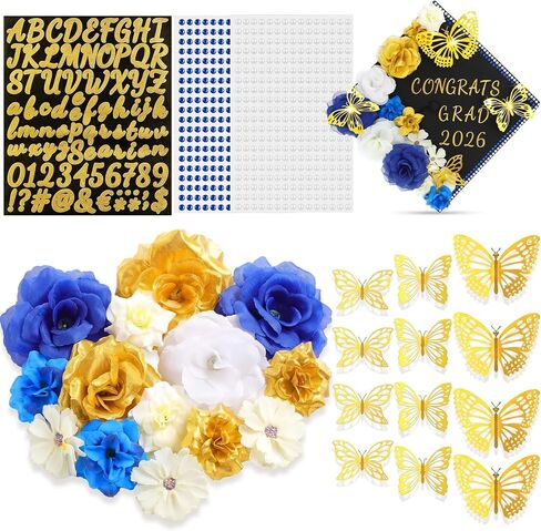 Solsew 34 Pcs DIY Graduation Cap Decorations Accessory Kit Include Faux Flower Heads 3D Butterfly Glitter Letter Stickers Rhinestones Stickers for Graduation Cap Decoration Craft Art Decor(Red) in Saudi Arabia