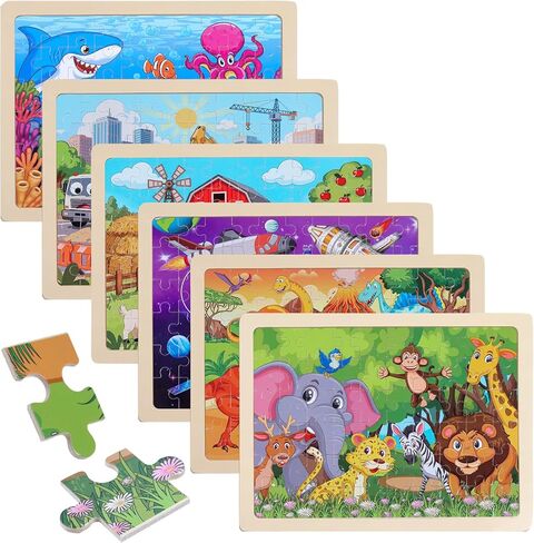 Wooden Puzzles for Kids Ages 4-8, 6 Pack 60 Piece Jigsaw Puzzle Set, Preschool Educational Brain Teaser Toys with Animals Dinosaur Space & Vehicles, Educational Toys for Boys and Girls in Saudi Arabia