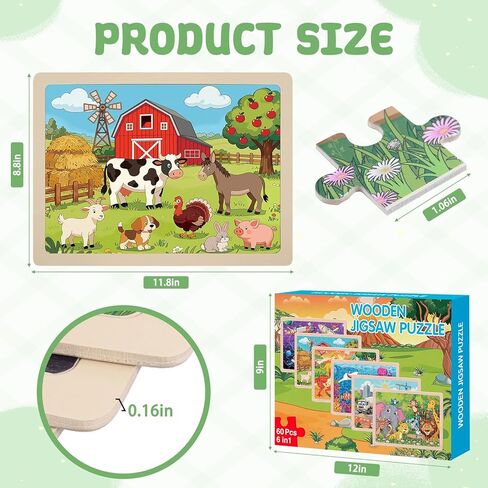 Wooden Puzzles for Kids Ages 4-8, 6 Pack 60 Piece Jigsaw Puzzle Set, Preschool Educational Brain Teaser Toys with Animals Dinosaur Space & Vehicles, Educational Toys for Boys and Girls in Saudi Arabia