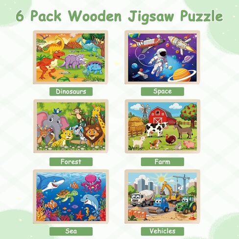 Wooden Puzzles for Kids Ages 4-8, 6 Pack 60 Piece Jigsaw Puzzle Set, Preschool Educational Brain Teaser Toys with Animals Dinosaur Space & Vehicles, Educational Toys for Boys and Girls in Saudi Arabia