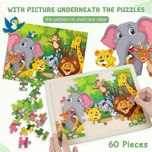 Wooden Puzzles for Kids Ages 4-8, 6 Pack 60 Piece Jigsaw Puzzle Set, Preschool Educational Brain Teaser Toys with Animals Dinosaur Space & Vehicles, Educational Toys for Boys and Girls in Saudi Arabia