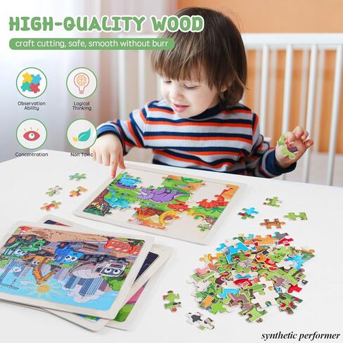 Wooden Puzzles for Kids Ages 4-8, 6 Pack 60 Piece Jigsaw Puzzle Set, Preschool Educational Brain Teaser Toys with Animals Dinosaur Space & Vehicles, Educational Toys for Boys and Girls in Saudi Arabia