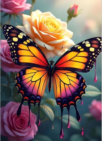GDYEEH DIY Rose Blossom 5D Diamond Art Kits, Round Full Drill Sparkling Butterfly Diamond Painting Picture, Fantasy Painting by Numbers Art Kits for Adults Beginners Home Wall Decor 12x16 inch in Saudi Arabia