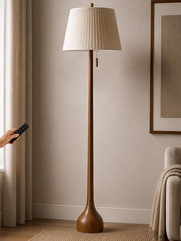 MOFFE 65" Mid Century Real Wood Floor Lamp with Remote, Sculptural Standing Lamp with Teardrop Base & Wooden Pull Chain, Dimmable with Adjustable Color Temperature & Timer (Bulb Included) in Kuwait