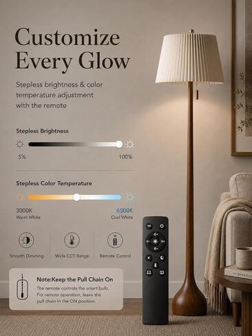 MOFFE 65" Mid Century Real Wood Floor Lamp with Remote, Sculptural Standing Lamp with Teardrop Base & Wooden Pull Chain, Dimmable with Adjustable Color Temperature & Timer (Bulb Included) in Kuwait