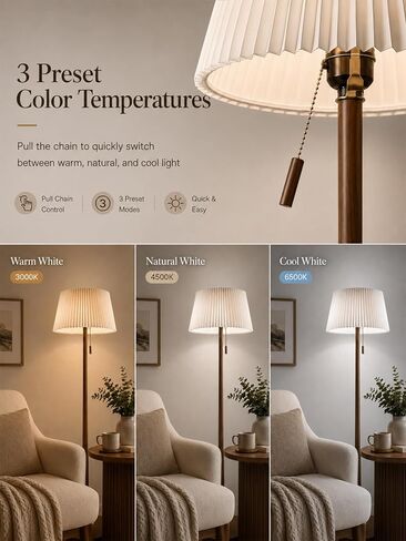 MOFFE 65" Mid Century Real Wood Floor Lamp with Remote, Sculptural Standing Lamp with Teardrop Base & Wooden Pull Chain, Dimmable with Adjustable Color Temperature & Timer (Bulb Included) in Kuwait