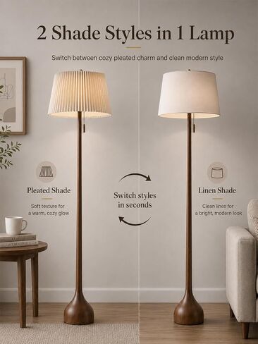 MOFFE 65" Mid Century Real Wood Floor Lamp with Remote, Sculptural Standing Lamp with Teardrop Base & Wooden Pull Chain, Dimmable with Adjustable Color Temperature & Timer (Bulb Included) in Kuwait