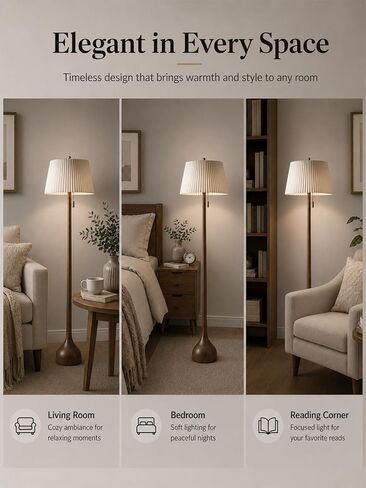 MOFFE 65" Mid Century Real Wood Floor Lamp with Remote, Sculptural Standing Lamp with Teardrop Base & Wooden Pull Chain, Dimmable with Adjustable Color Temperature & Timer (Bulb Included) in Kuwait