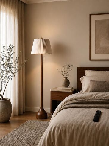 MOFFE 65" Mid Century Real Wood Floor Lamp with Remote, Sculptural Standing Lamp with Teardrop Base & Wooden Pull Chain, Dimmable with Adjustable Color Temperature & Timer (Bulb Included) in Kuwait