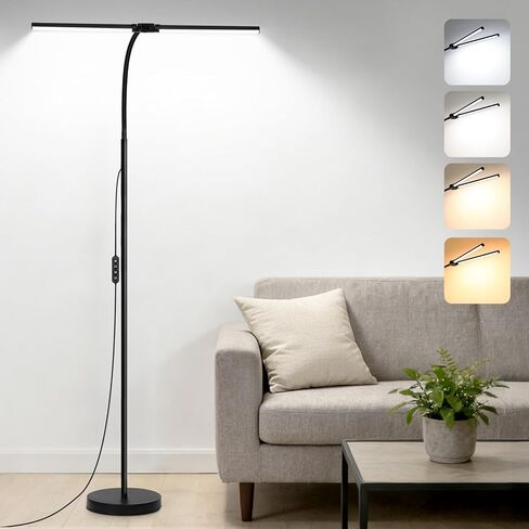 24W/2600LM LED Floor Lamp, Bright Reading Floor Lamps with Dual Head Adjustable Gooseneck, Dimmable Standing Task Lamp for Office Living Room Bedroom, Modern Eye Caring Light for Puzzle Craft Sewing in Saudi Arabia