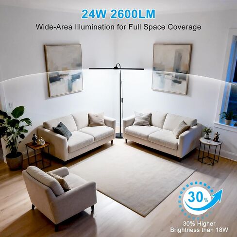 24W/2600LM LED Floor Lamp, Bright Reading Floor Lamps with Dual Head Adjustable Gooseneck, Dimmable Standing Task Lamp for Office Living Room Bedroom, Modern Eye Caring Light for Puzzle Craft Sewing in Saudi Arabia