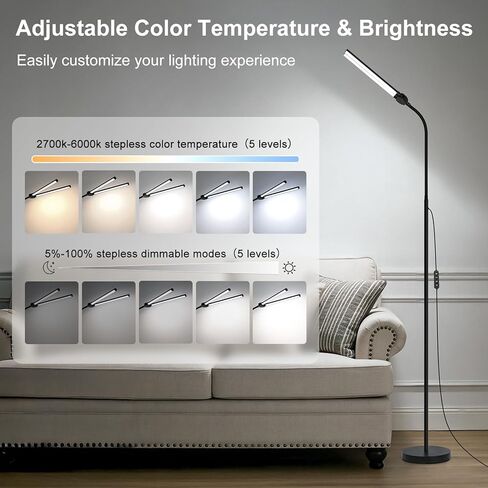 24W/2600LM LED Floor Lamp, Bright Reading Floor Lamps with Dual Head Adjustable Gooseneck, Dimmable Standing Task Lamp for Office Living Room Bedroom, Modern Eye Caring Light for Puzzle Craft Sewing in Saudi Arabia