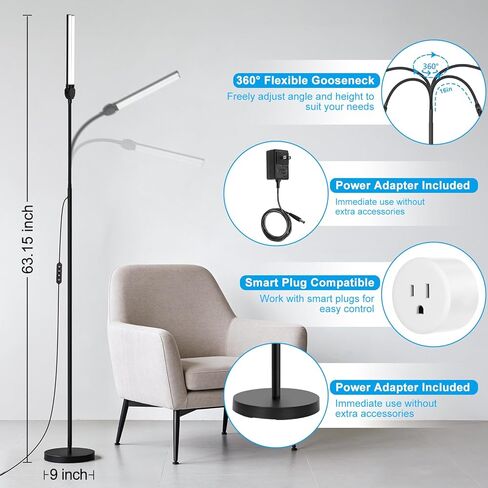 24W/2600LM LED Floor Lamp, Bright Reading Floor Lamps with Dual Head Adjustable Gooseneck, Dimmable Standing Task Lamp for Office Living Room Bedroom, Modern Eye Caring Light for Puzzle Craft Sewing in Saudi Arabia