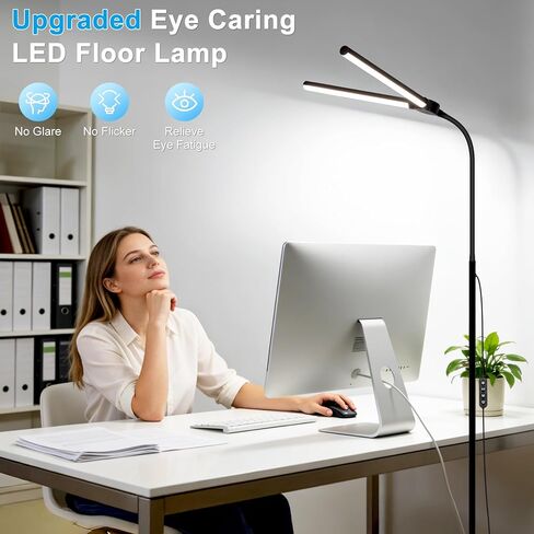 24W/2600LM LED Floor Lamp, Bright Reading Floor Lamps with Dual Head Adjustable Gooseneck, Dimmable Standing Task Lamp for Office Living Room Bedroom, Modern Eye Caring Light for Puzzle Craft Sewing in Saudi Arabia