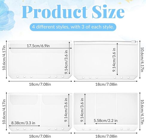12PCS A6 Binder Inserts A6 Binder Pockets 4 Types Credit Card Sleeves6 Ring Planner Accessories Cash Envelopes No Zipper Business Card Sleeves Notebook Insert Pages for Cash Budgeting Photocard in Saudi Arabia