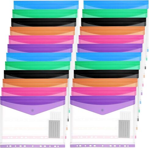 24 Pack Binder Pockets, Mixed Colors PVC Plastic Envelopes with Snap Button, 11 Holes Expandable Folders for 2/3/4 Ring Binders, Transparent Document Pouch for Office School Home Organization in Saudi Arabia