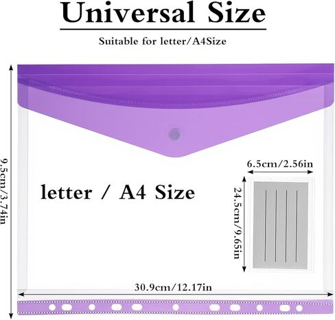 24 Pack Binder Pockets, Mixed Colors PVC Plastic Envelopes with Snap Button, 11 Holes Expandable Folders for 2/3/4 Ring Binders, Transparent Document Pouch for Office School Home Organization in Saudi Arabia